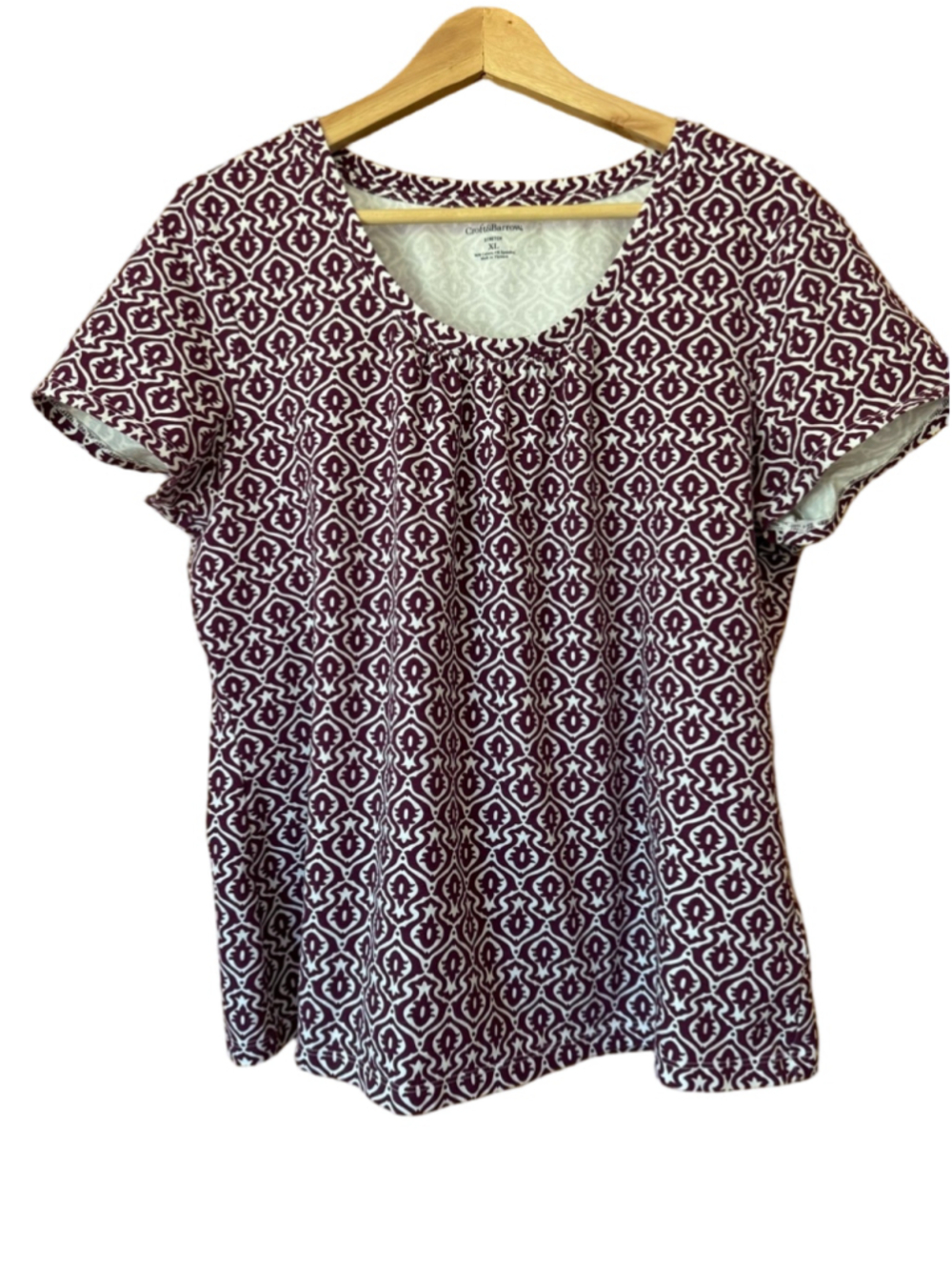 Croft & Barrow Stretch Burgundy White Short-Sleeve Geometric Print Top size XL